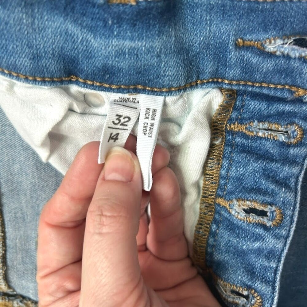 LOFT High Rise Button Fly Flare Cropped Jeans I Distressed Frayed Hem I Size 14 - Picture 9 of 11